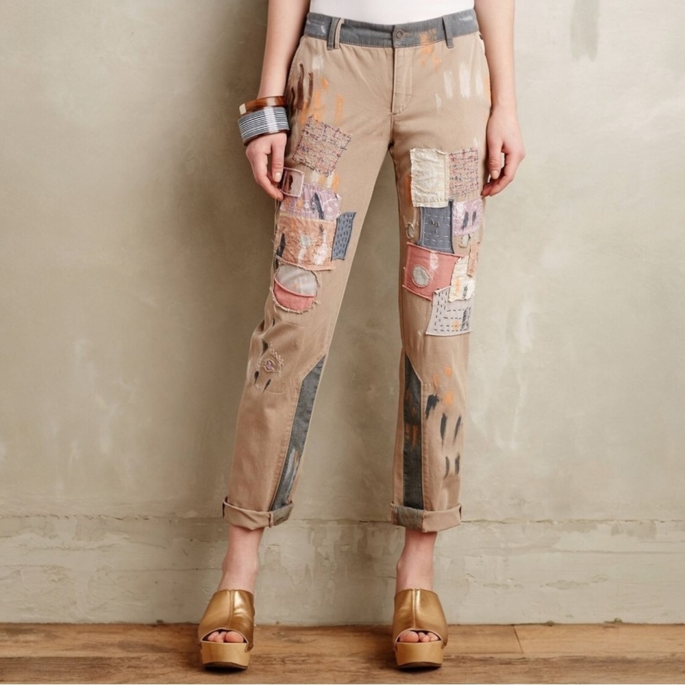 Anthropologie Pilcro Hyphen Patchwork Painted Chinos Size 25 Cotton Blend - Picture 1 of 16